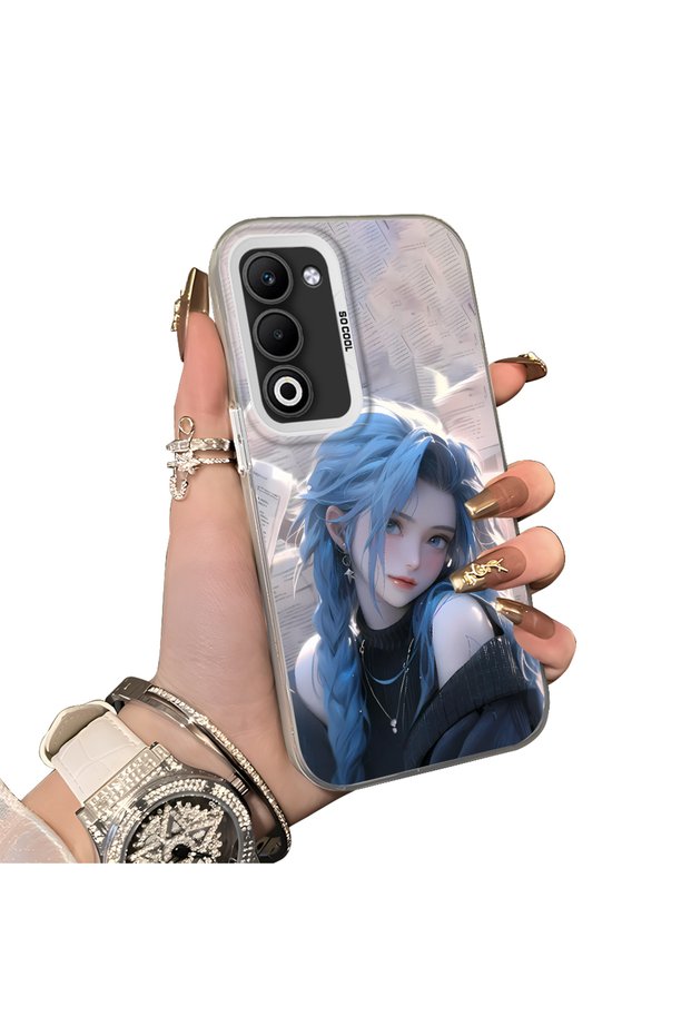 Oppo A5 4G/5G Compatible Blue Haired Anime Girl Patterned Acrylic Back Silicone Edge Phone Case