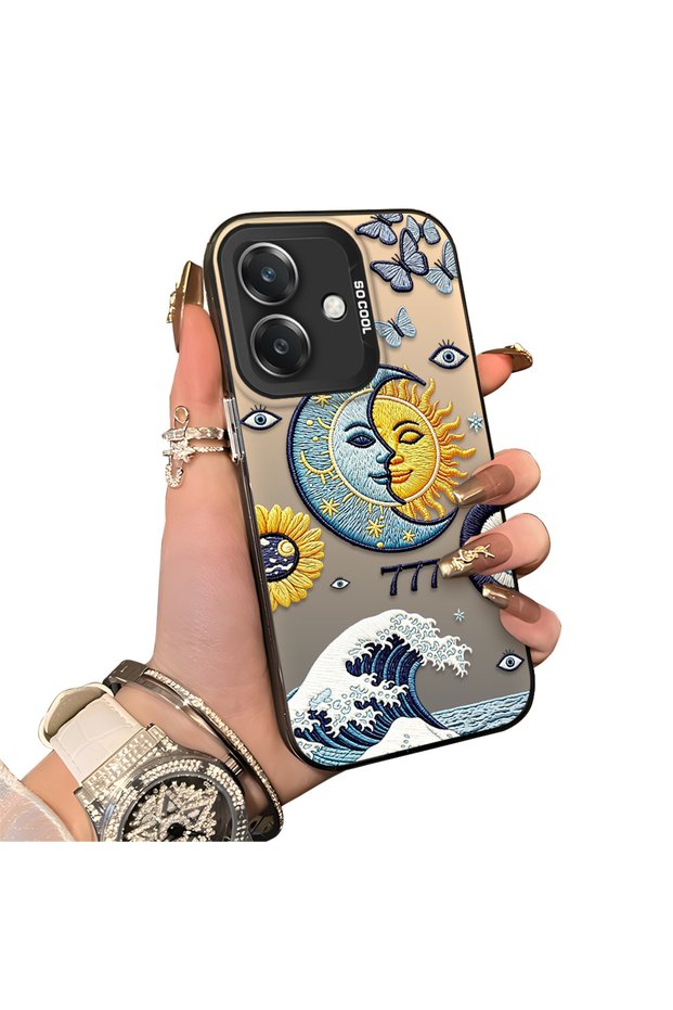 Oppo A3/A3X 4G/5G Compatible Sun-Moon Eye and Wave Butterfly Pattern Acrylic Back Silicone Edge Phone Case