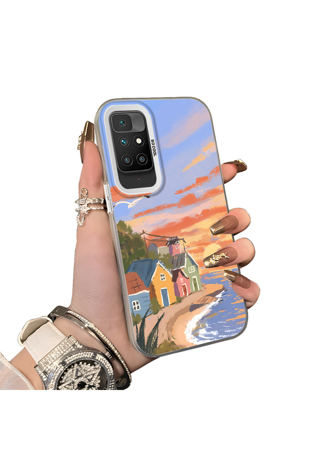 Xiaomi Redmi 10 4g Compatible Sunset Seaside Scenery Printed Acrylic Back Silicone Edge Phone Case