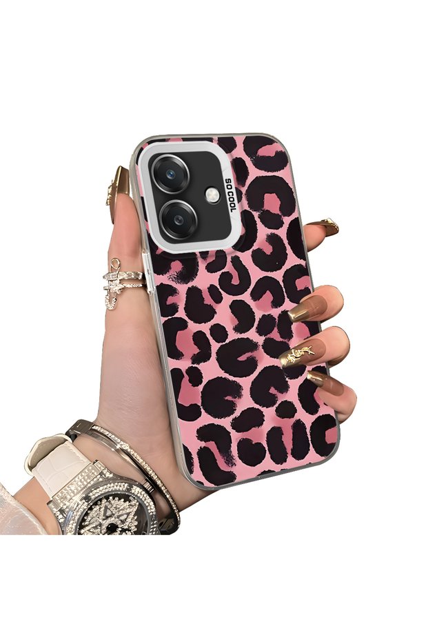 Oppo A3/A3X 4G/5G Compatible Pink Back Black Leopard Pattern Acrylic Back Silicone Edge Phone Case