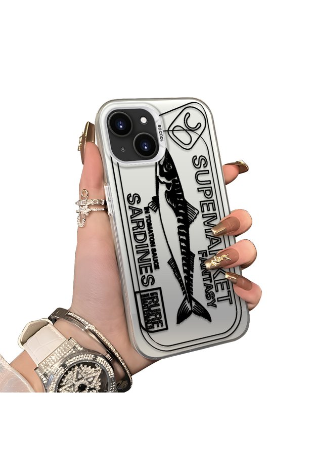 iPhone 14 Plus/15 Plus Compatible Canned Sardine Fish Sketch Pattern Non-Transparent Acrylic Back Silicone Edge Case