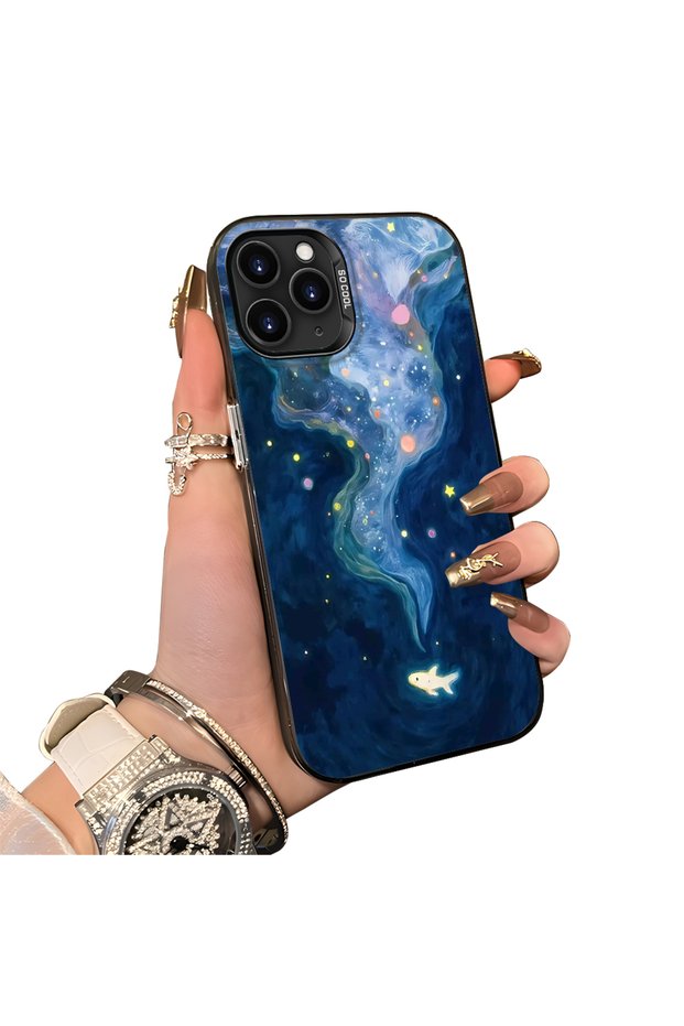 iPhone 11 Pro Compatible Dreamy Starry Sea Fish Pattern Acrylic Back Silicone Edge Phone Case