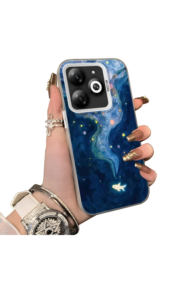 Infinix Smart 8/8 Pro/8 Plus Compatible Dreamy Starry Sea Fish Pattern Acrylic Back Silicone Edge Phone Case