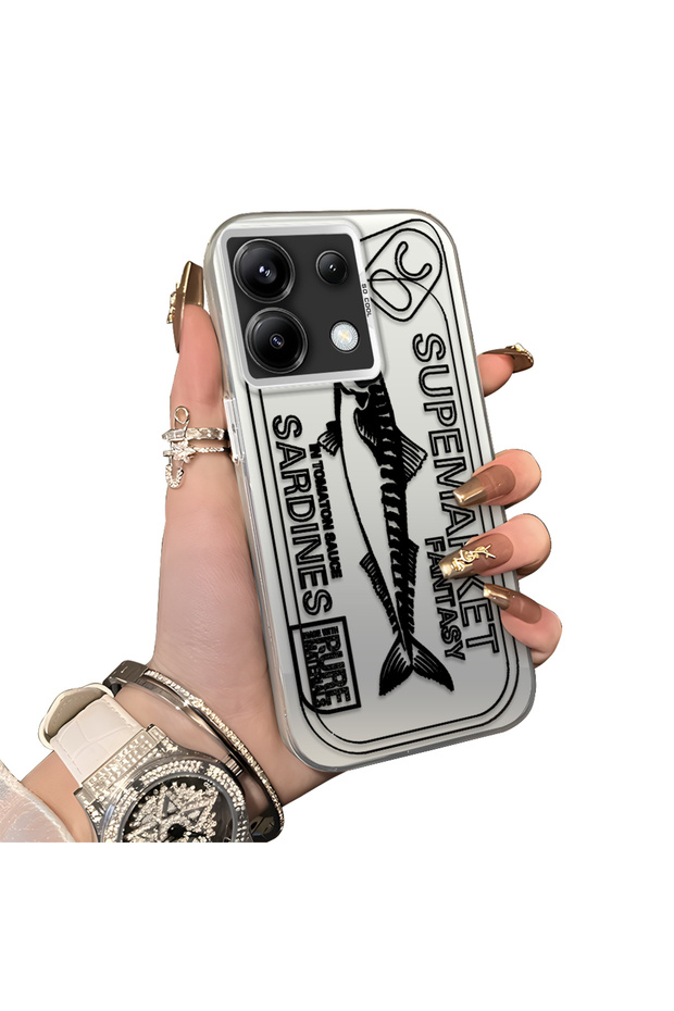 Xiaomi Poco X6 Compatible Canned Sardine Fish Sketch Patterned Non-Transparent Acrylic Back Silicone Edge Case