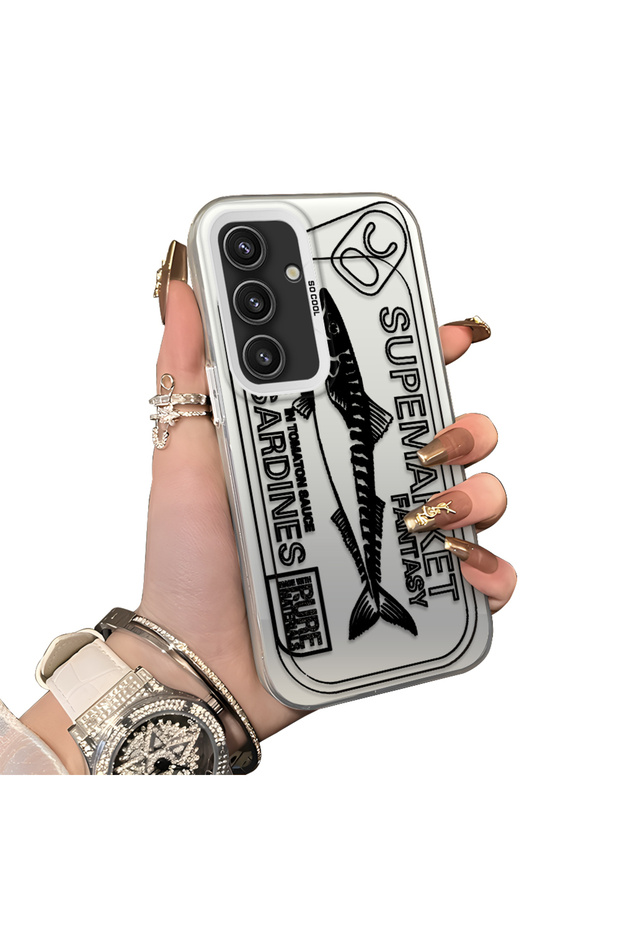 Samsung Galaxy S24 Compatible Canned Sardine Fish Sketch Pattern Non-Transparent Acrylic Back Silicone Edge Case