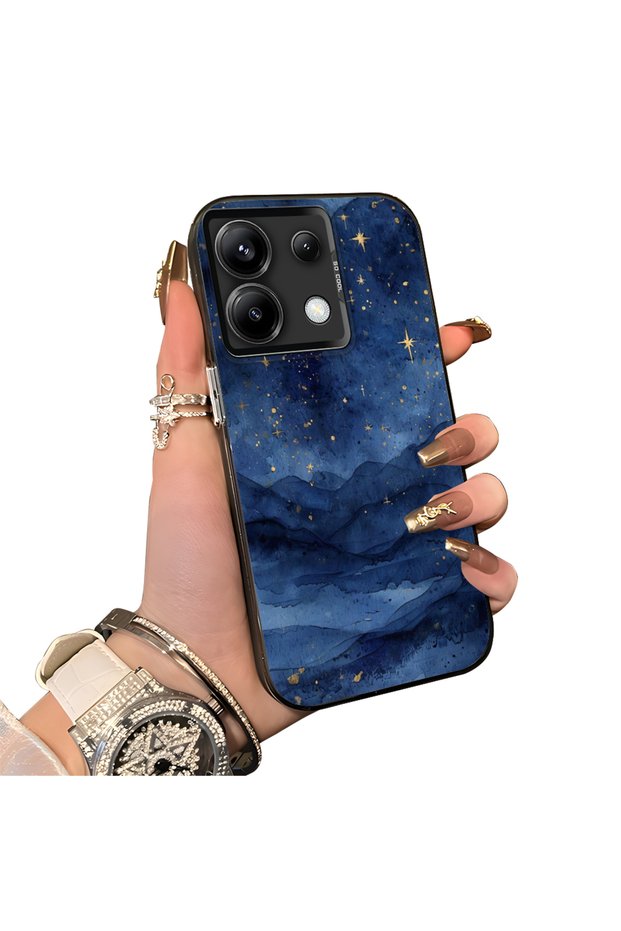 Xiaomi Redmi Note 13 Pro 5g Compatible Navy Blue Watercolor Mountain-Star Art Pattern Acrylic Back Silicone Edge Phone Case