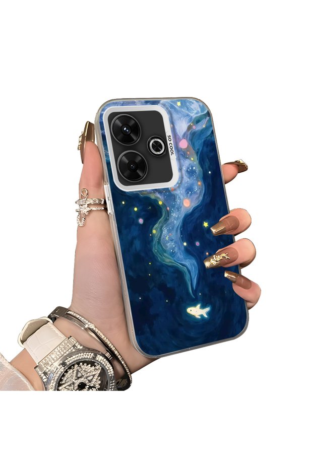 For Xiaomi Poco M6 4g Compatible Dreamy Starry Sea Fish Pattern Acrylic Back Silicone Edge Phone Case