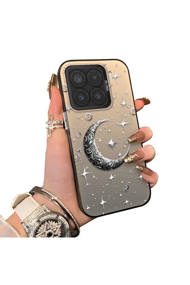 Xiaomi Mi 15 5g Compatible Silver Engraved Moon and Star Pattern Non-Transparent Acrylic Back Silicone Edge Case