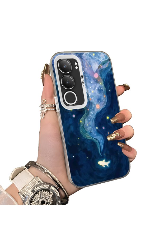 Vivo Y19S 4G/Y19S Pro Compatible Dreamy Starry Sea Fish Pattern Acrylic Back Silicone Edge Phone Case