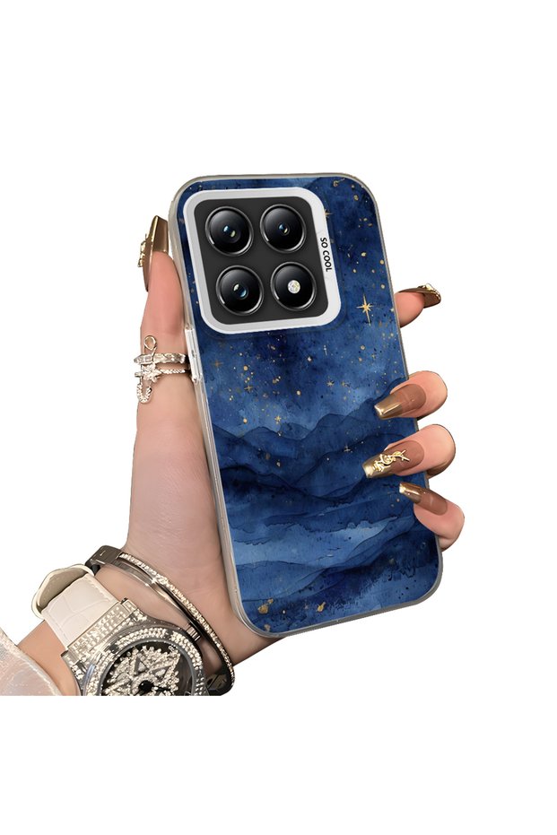 Xiaomi Mi 14t Pro Compatible Navy Blue Watercolor Mountain-Star Art Pattern Acrylic Back Silicone Edge Phone Case