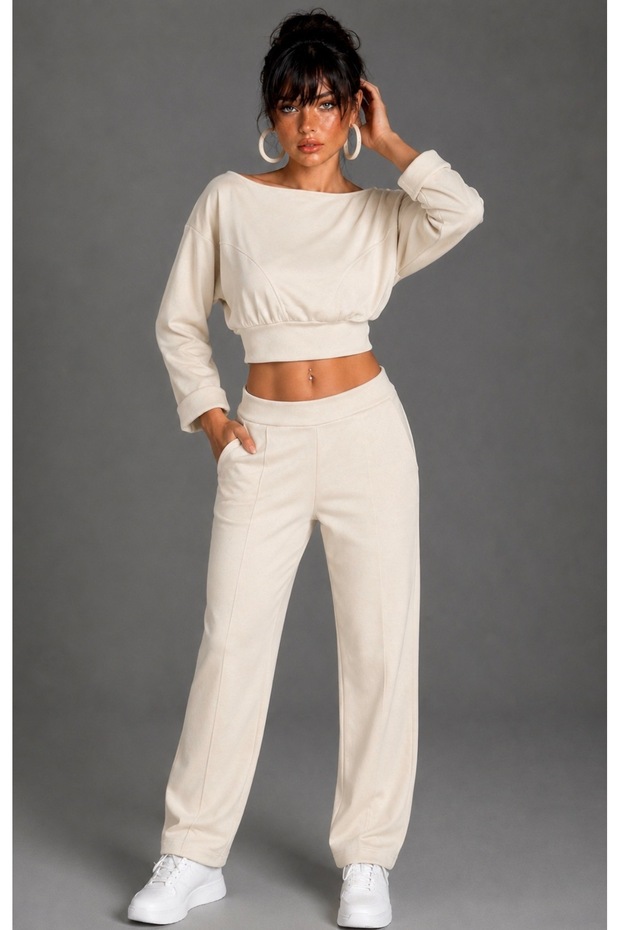 Women's Vanilla Boat Neck Waist Banded Double Tracksuit Set Be497