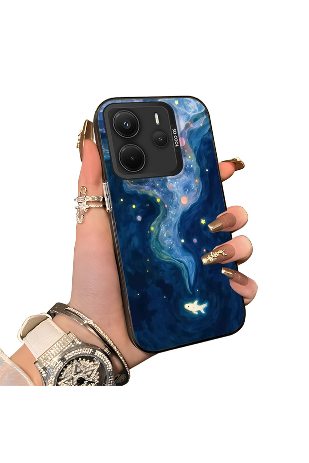Xiaomi Redmi Note 14 4g Compatible Dreamy Starry Sea Fish Pattern Acrylic Back Silicone Edge Phone Case