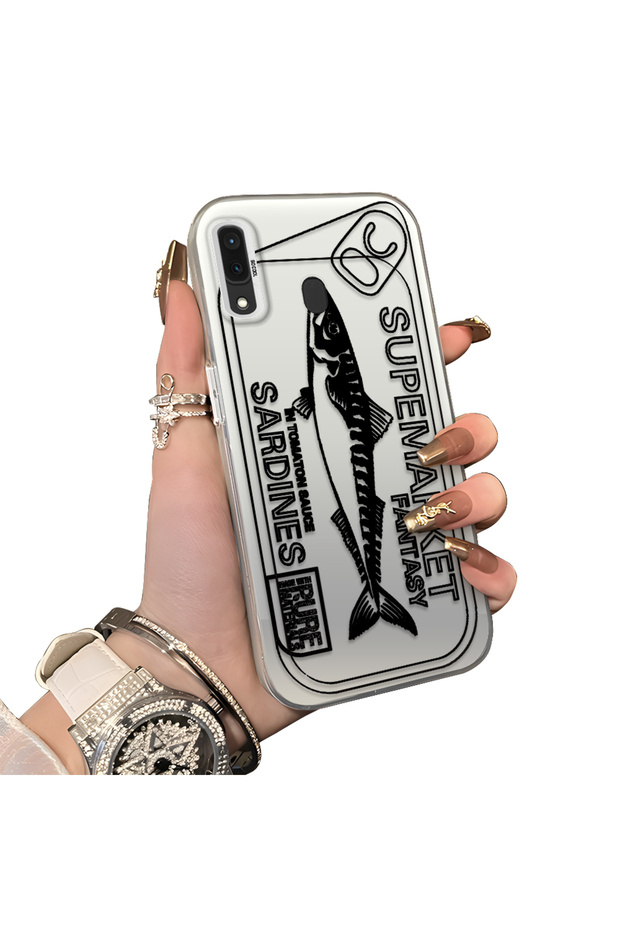 Samsung Galaxy A30/A20 Compatible Canned Sardine Fish Sketch Patterned Non-Transparent Acrylic Back Silicone Edge Case