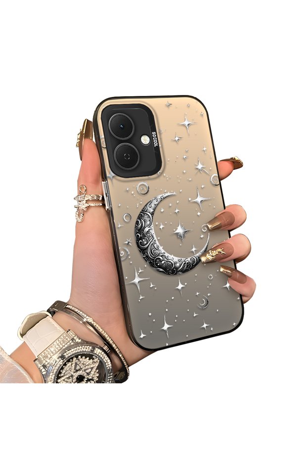 Tecno Spark Go 2(Km4) Compatible Silver Engraved Moon and Star Pattern Non-Transparent Acrylic Back Silicone Edge Case