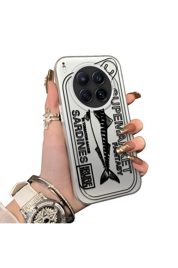 Tecno Camon 40 Premier Compatible Canned Sardine Fish Sketch Patterned Non-Transparent Acrylic Back Silicone Edge Case