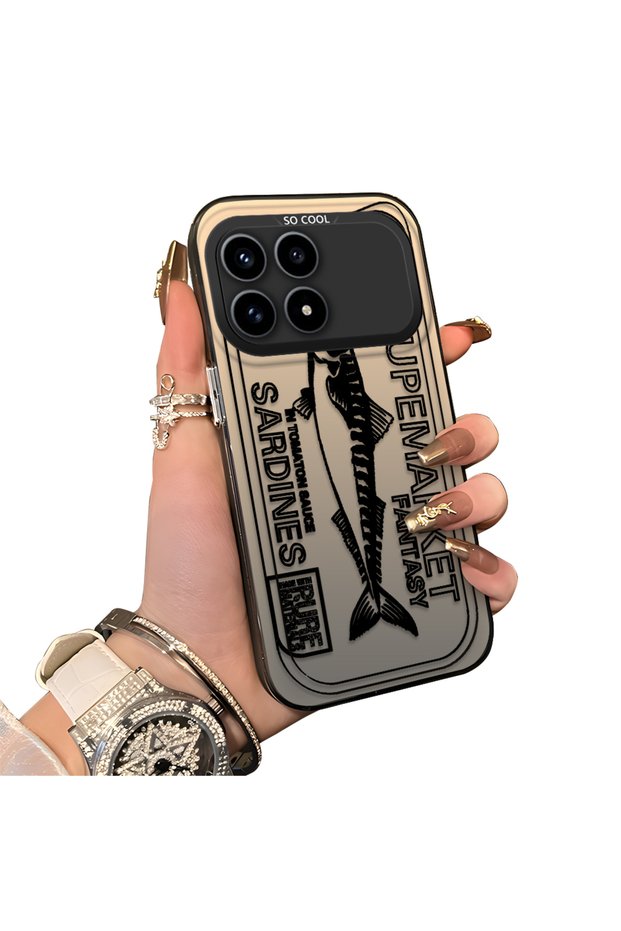 Xiaomi Poco F8 Pro 5g Compatible Canned Sardine Fish Sketch Pattern Non-Transparent Acrylic Back Silicone Edge Case
