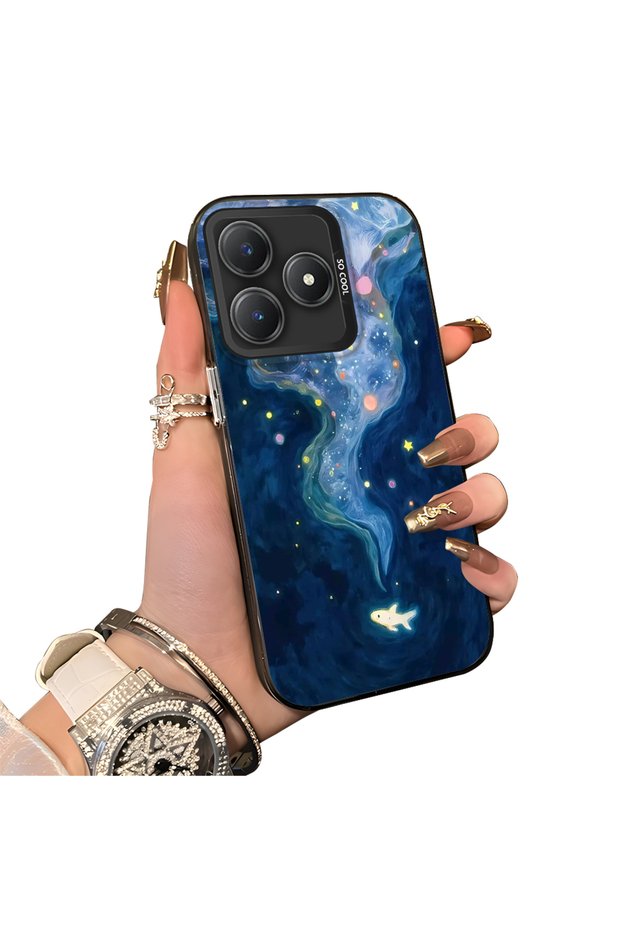For Realme C63 4G/C61 Compatible Dreamy Starry Sea Fish Pattern Acrylic Back Silicone Edge Phone Case