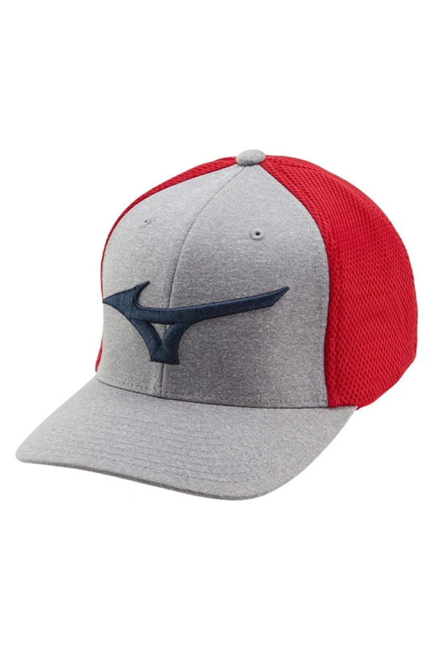 Fitted Meshback Cap Unisex Hat Gray / Red