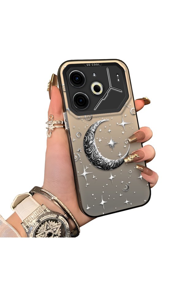 Tecno Pova 6/Pova 6 Pro 5g Compatible Silver Carved Moon and Star Pattern Non-Transparent Acrylic Back Silicone Edge Case
