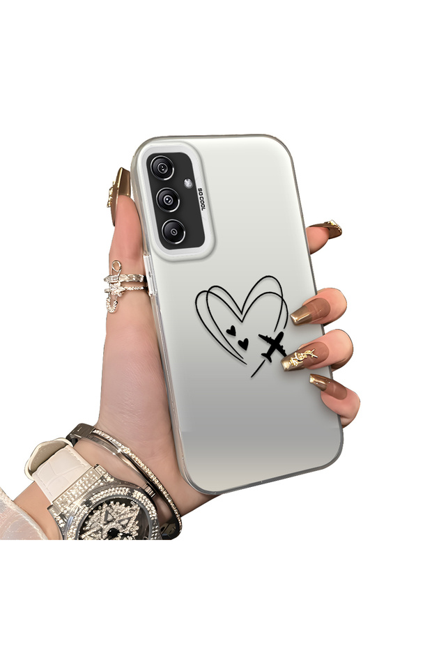Samsung Galaxy A24 Compatible Line Heart and Airplane Pattern Non-Transparent Acrylic Back Silicone Edge Phone Case