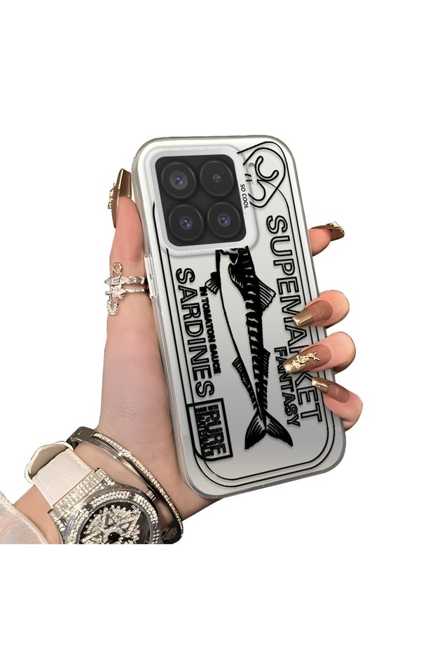 Xiaomi Mi 15 5g Compatible Canned Sardine Fish Sketch Patterned Non-Transparent Acrylic Back Silicone Edge Case