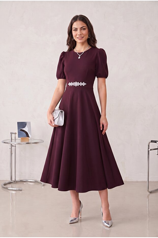 Watermelon Sleeves Plum Midi Length Evening Dress Graduation Dress