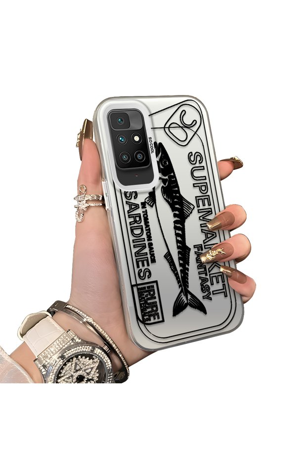 Xiaomi Redmi 10 4g Compatible Canned Sardine Fish Sketch Patterned Non-Transparent Acrylic Back Silicone Edge Case