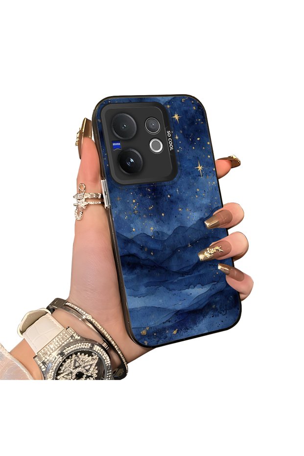 Vivo V60 Compatible Navy Blue Watercolor Mountain-Star Art Pattern Acrylic Back Silicone Edge Phone Case