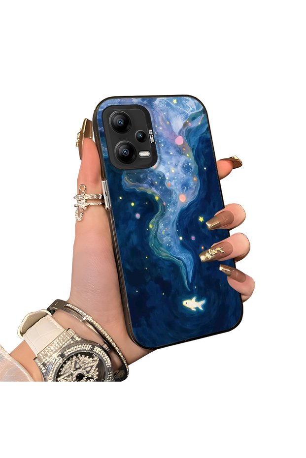 Xiaomi Poco X5 Compatible Dreamy Starry Sea Fish Pattern Acrylic Back Silicone Edge Phone Case