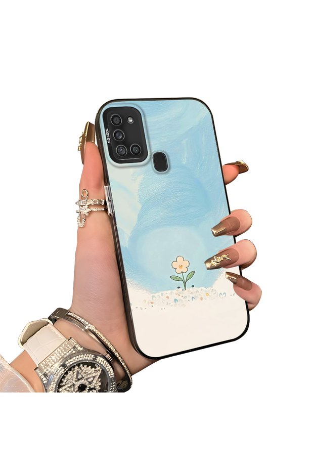 Cute Little Flower Pattern Acrylic Back Silicone Edge Phone Case Compatible with Samsung Galaxy A21S