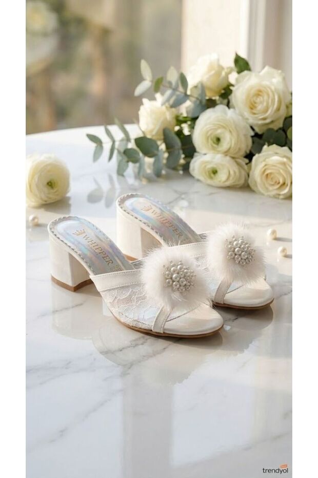 Women's Ecru Lace Detailed Stoned Bow Low Thick Heeled Bridal Slippers