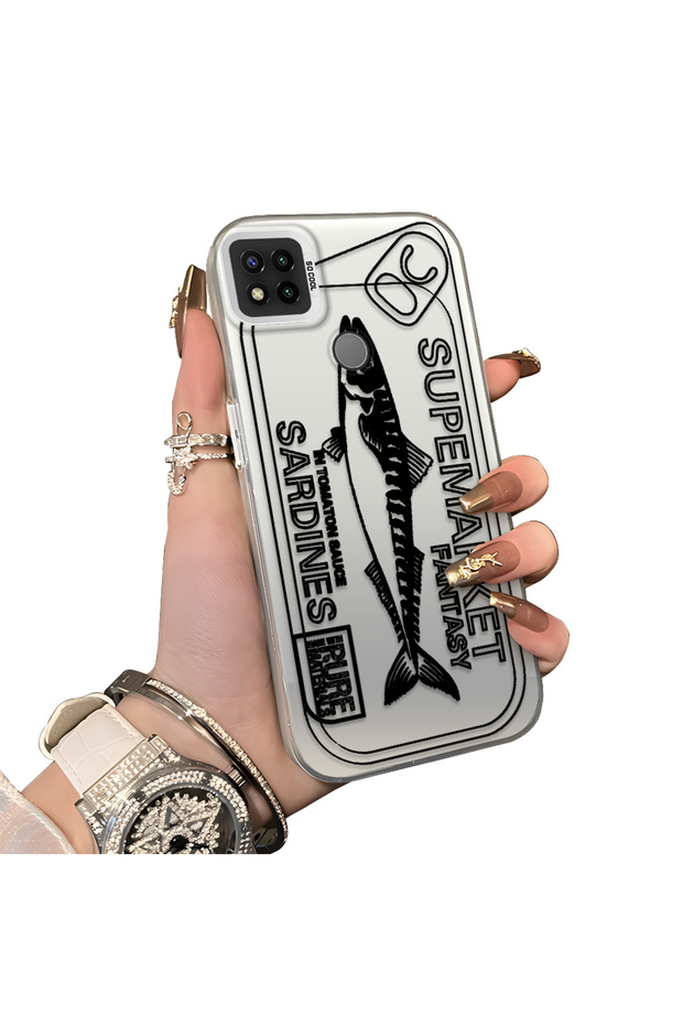 Xiaomi Redmi 9C/10A Compatible Canned Sardine Fish Sketch Patterned Non-Transparent Acrylic Back Silicone Edge Case