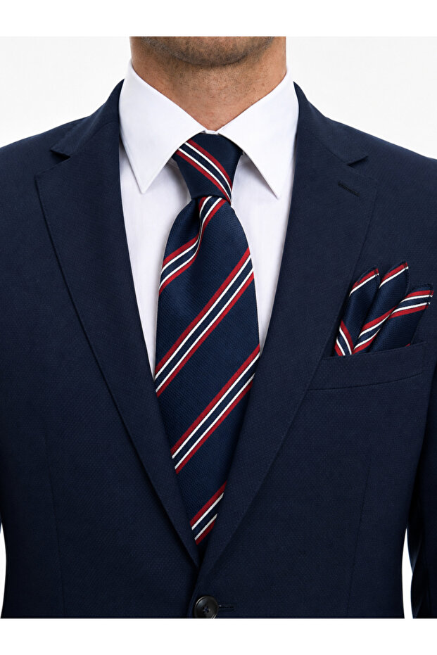 8 cm Navy Blue Red White Striped Tie and Handkerchief Set