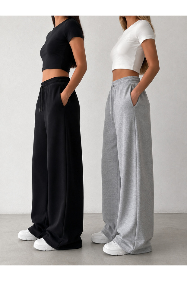 Women's Seasonal 2-Piece Sweatpants (Black-Grey) Oversize Comfortable Fit Wide Leg Washable Non-Pilling