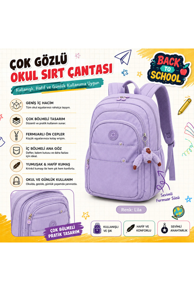 Multi-Compartment Crinkle School Backpack – Cute Zipper Decor, Lightweight and Convenient Bag