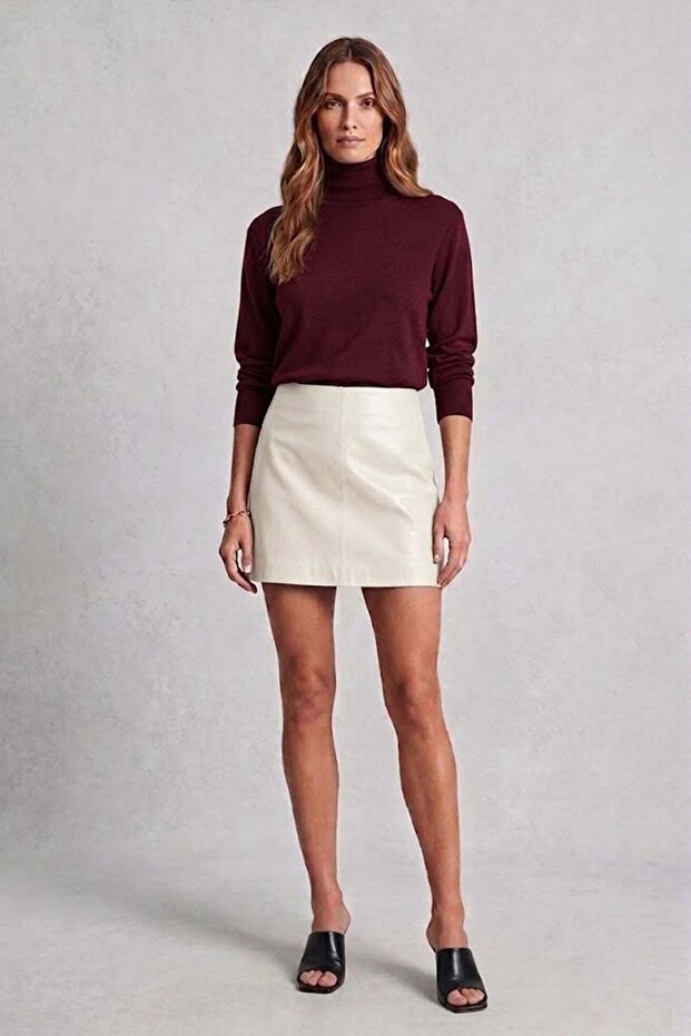 Beige Genuine Leather High Waist Mini Skirt with Stitching Detail