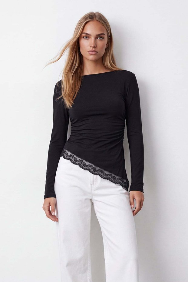 Women's Black Asymmetrical Cut Lace Blouse with Gathered Sides Alc-X15603