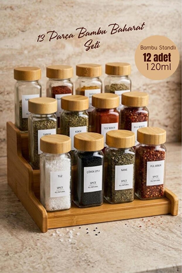 13 Piece Spice Rack Set with Bamboo Stand - 12 Pieces of 120 ml Glass Spice Set