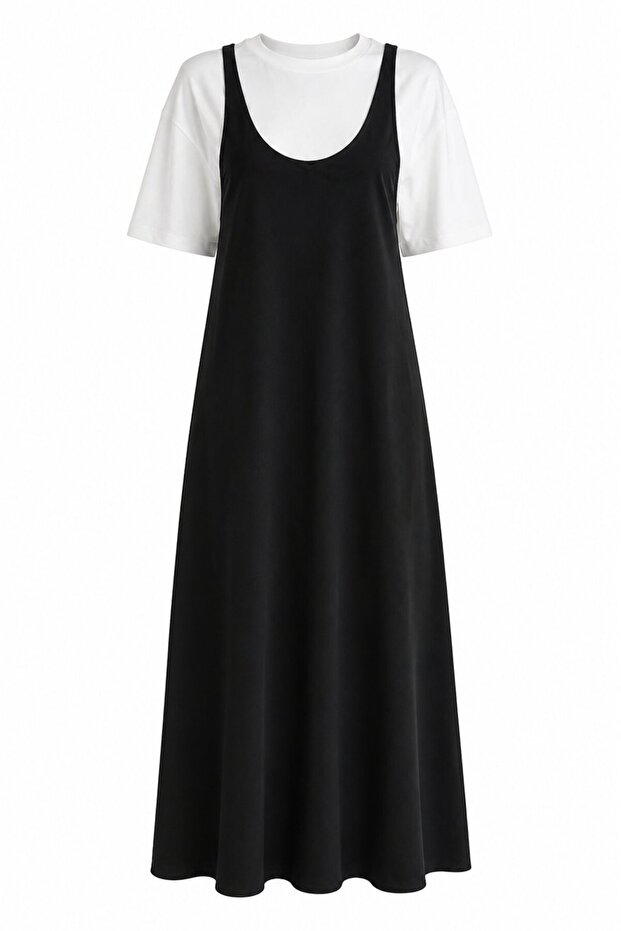 Black T-Shirt Dress Double Set - 2Y4131