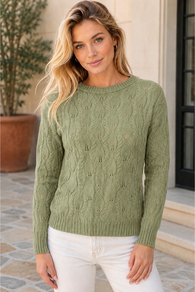 Women's Round Neck Long Sleeve Leaf Patterned Perforated Casual Stylish Khaki Knitwear Sweater