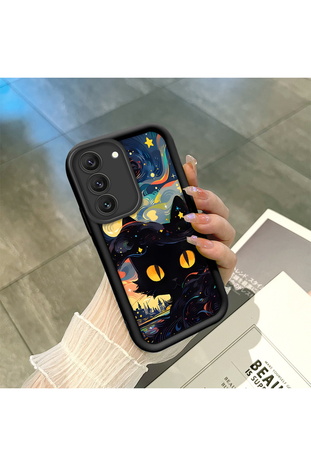 Samsung Galaxy S22 Compatible Black Silicone Case Starry Night Black Cat Pattern Camera Protected Shock Absorbing