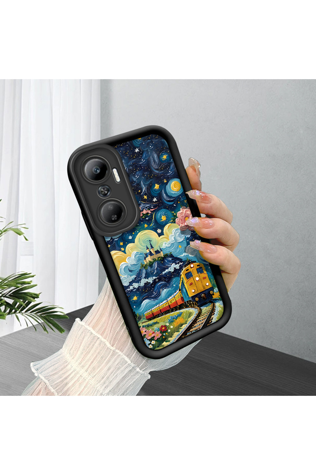 Infinix Hot 20 4g Compatible Black Silicone Case Starry Night Train and Castle Pattern Camera Protected Shock Absorbing