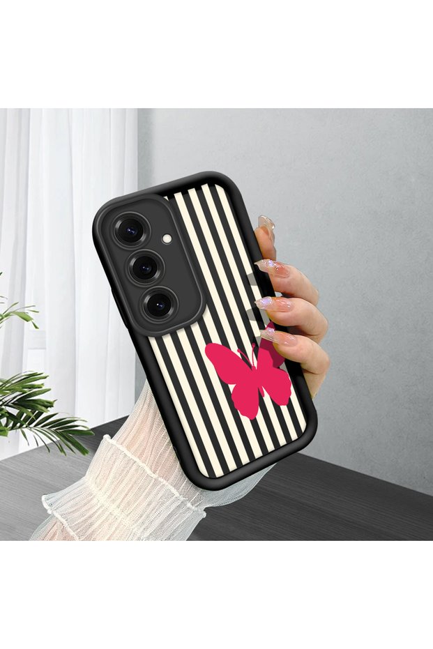 Samsung Galaxy S25 Plus Compatible Black Silicone Case with Black and White Stripes Butterfly Pattern, Camera Protection, Shock Absorption