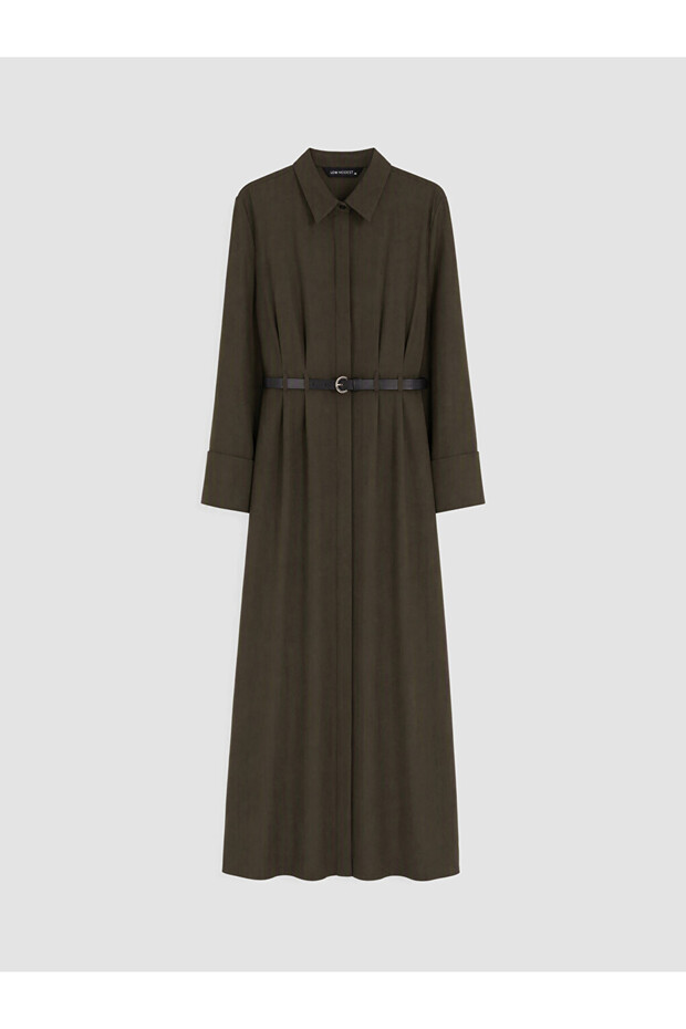 Lcw Modest Khaki Belted Pleated Shirt Dress