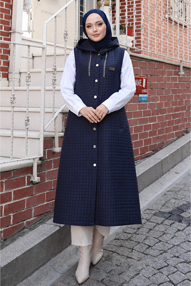 Navy Blue Long Quilted Vest 19303