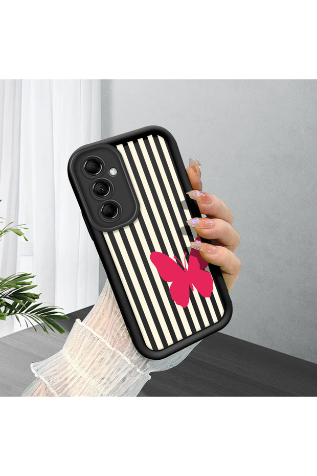 Samsung Galaxy M14 5g Compatible Black Silicone Case Black-White Striped Butterfly Pattern Camera Protected Shock Absorbing