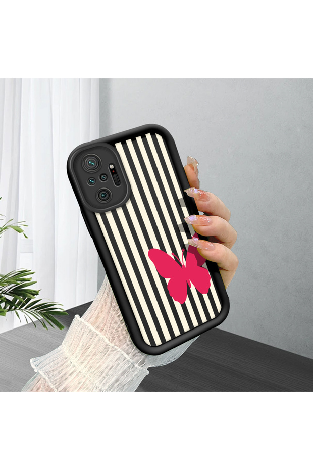 Redmi Note 10 Pro(M2101K6) Compatible Black Silicone Case Black-White Striped Butterfly Pattern Camera Protected Shock Absorbing