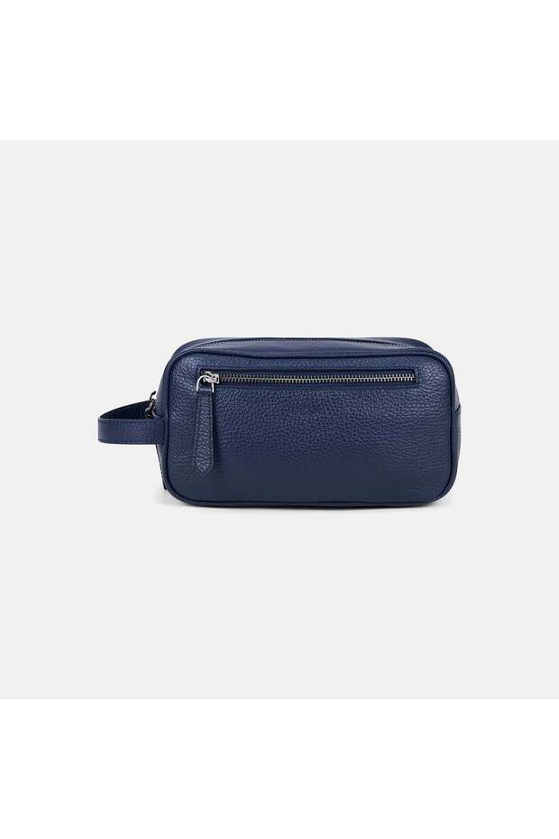 Men's Navy Blue Zippered Leather Handbag