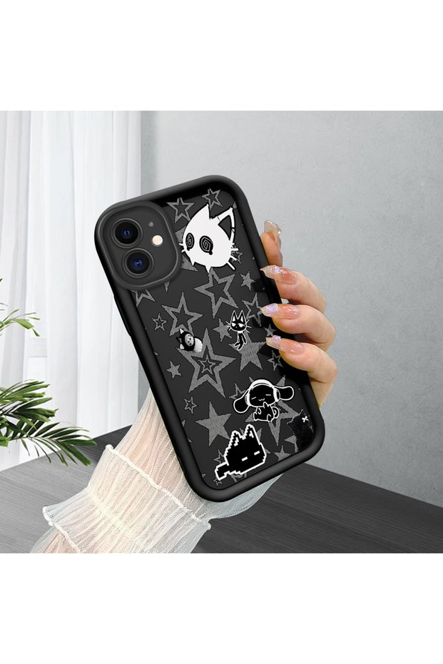 iPhone 12 Compatible Black Silicone Case with Star and Cute Character Pattern, Camera Protected, Shock Absorbent