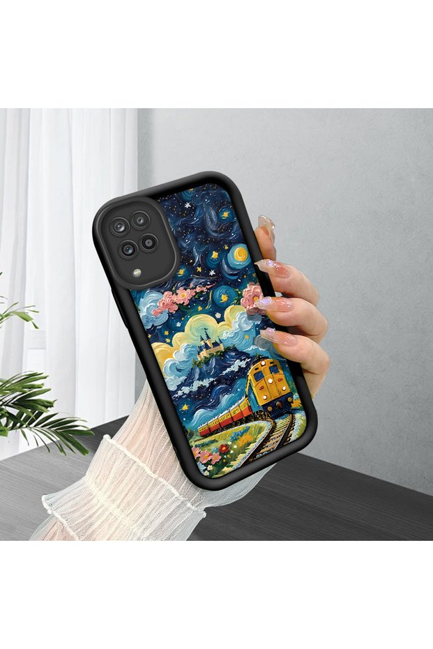 Samsung Galaxy M12/A12 Compatible Black Silicone Case Starry Night Train and Castle Pattern Camera Protected Shock Absorbing